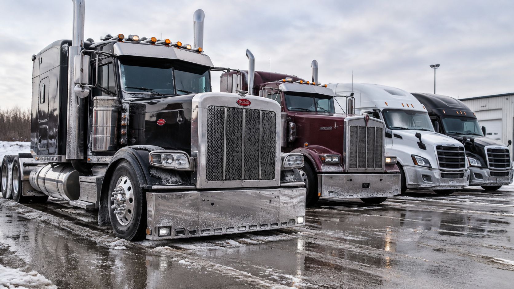 A line of semi-trucks parked on a wet, snow-dusted lot, showcasing reflective stainless steel grilles and bumpers.