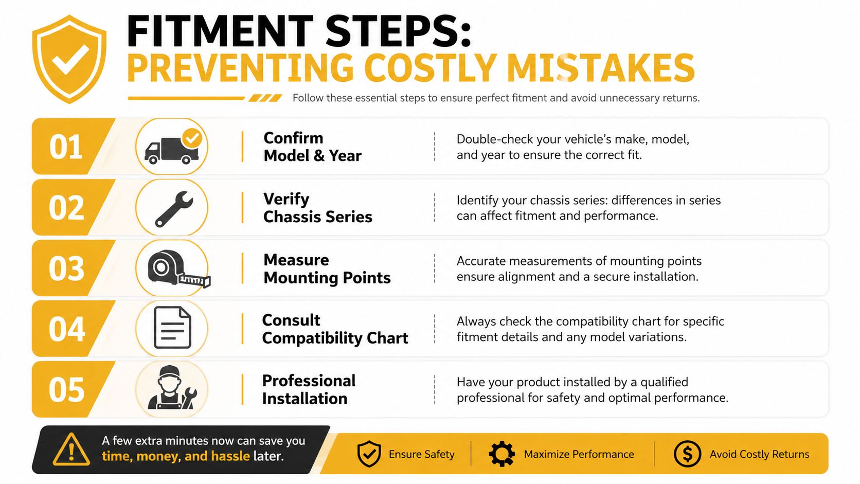 A step-by-step infographic titled Fitment Steps to prevent costly mistakes for vehicle installations and compatibility.
