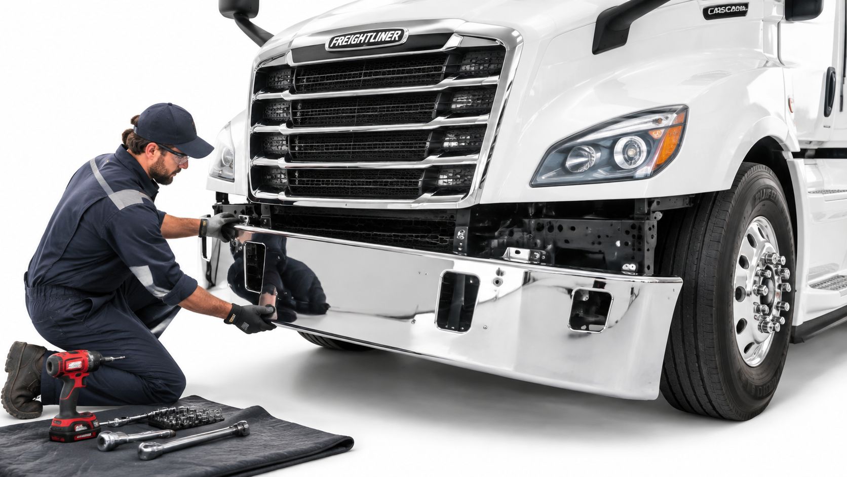 A technician kneeling while installing a shiny chrome bumper onto the front of a white Freightliner Cascadia truck.