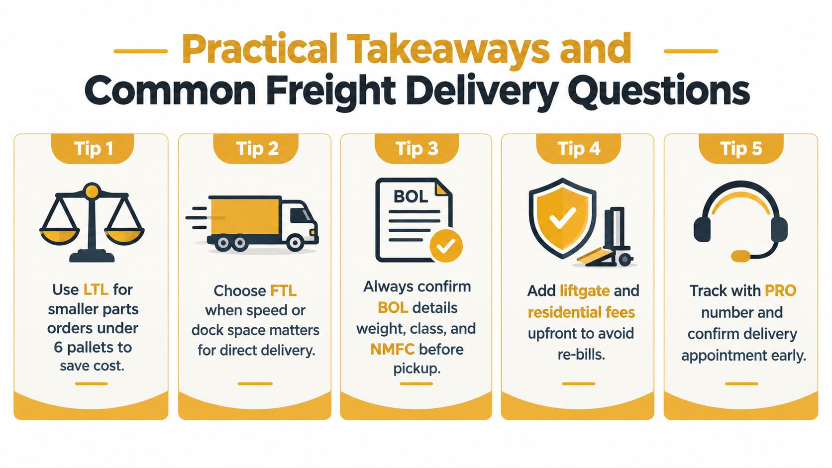 An infographic titled Practical Takeaways and Common Freight Delivery Questions, presenting five numbered tips for shipping logistics.