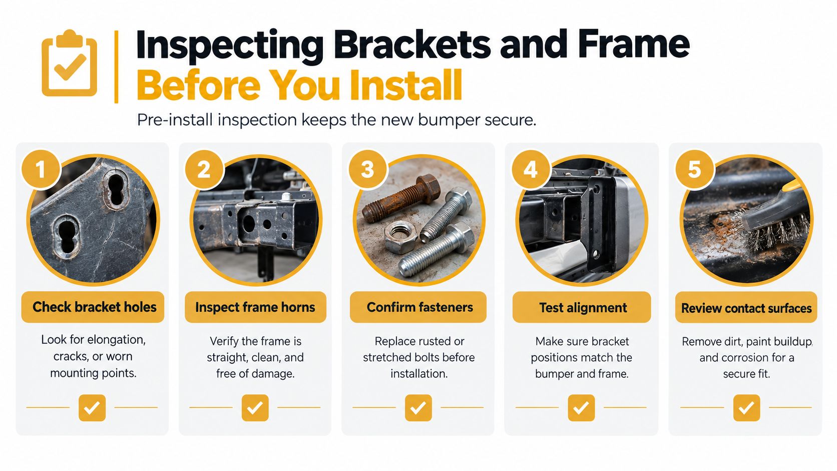 A five-step guide on how to inspect vehicle frame horns and bumper mounting brackets before installation.