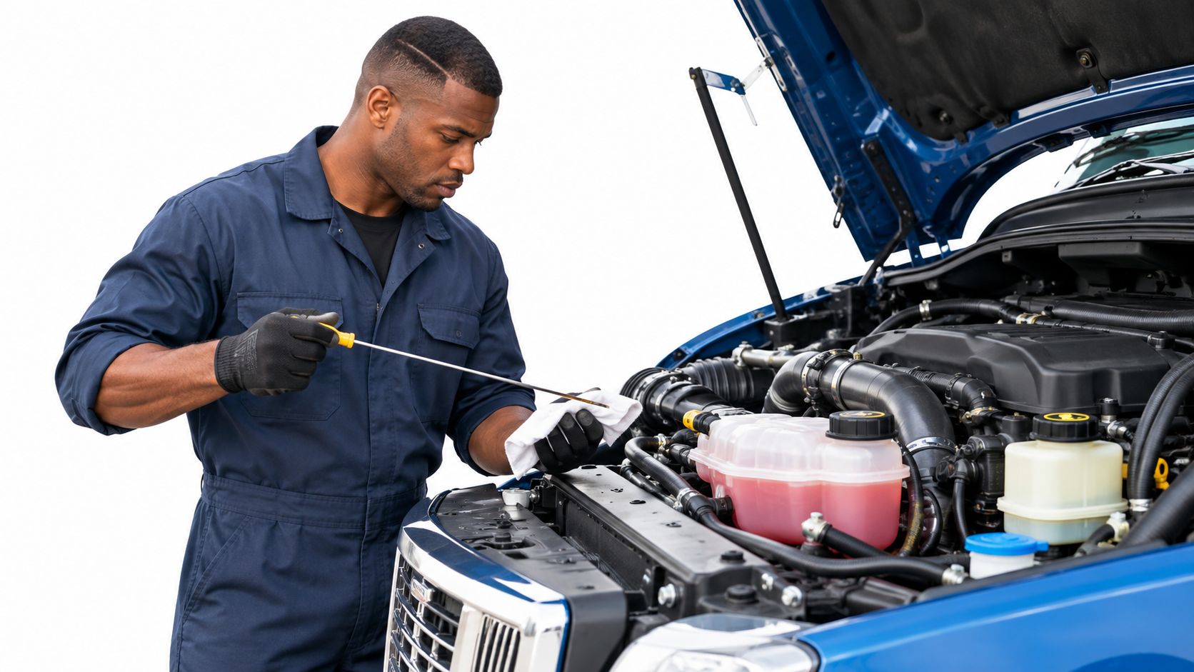 A mechanic checking engine oil on a blue truck.