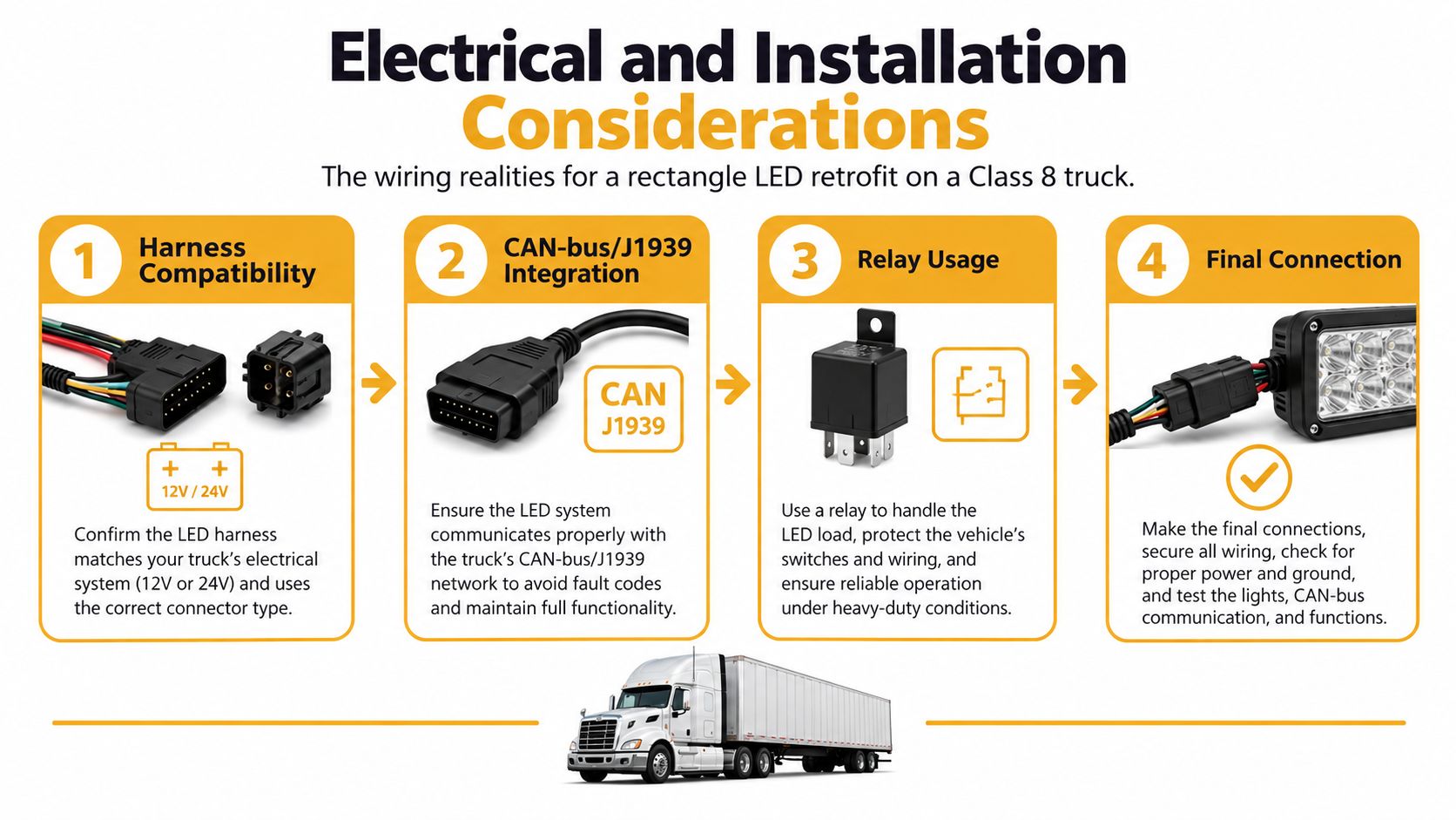 A diagram outlining the four key electrical and installation considerations for retrofitting rectangle LED headlights on trucks.