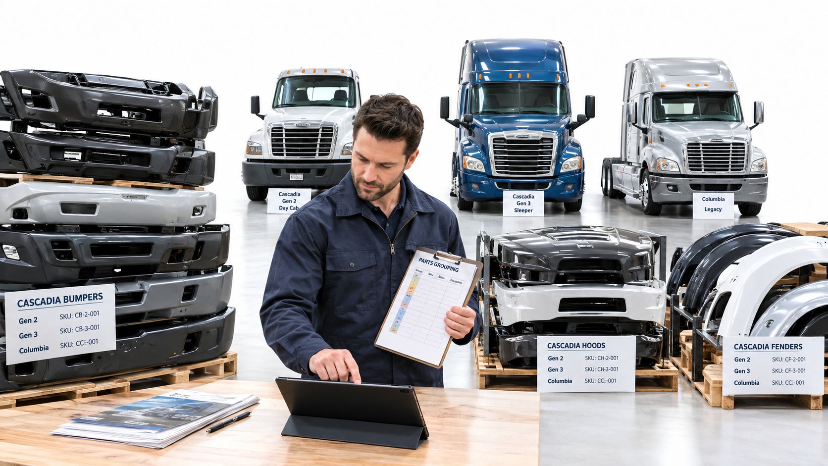 A technician checking Freightliner truck parts inventory including bumpers, hoods, and fenders on a tablet and clipboard.