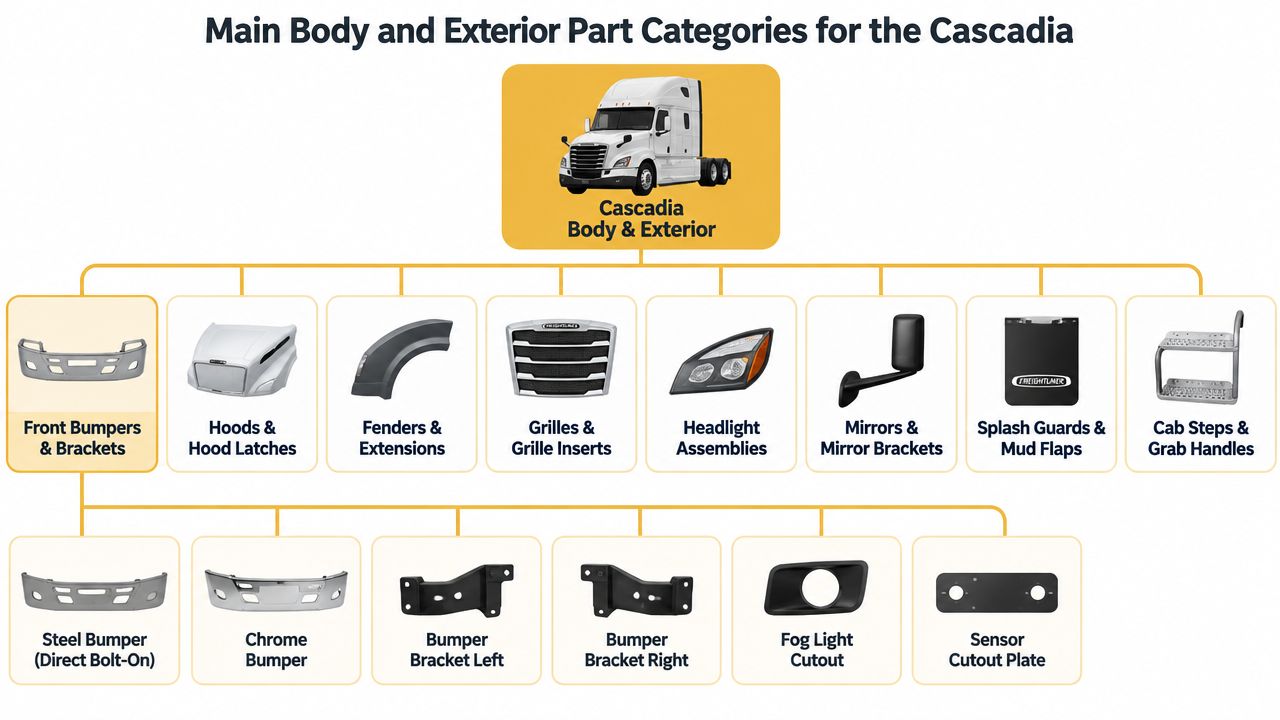 A diagram illustrating the main body and exterior part categories for a Freightliner Cascadia commercial truck.