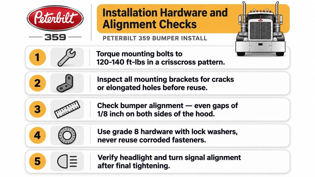 A checklist for installing a Peterbilt 359 bumper including torque specs, bracket inspection, and alignment procedures.