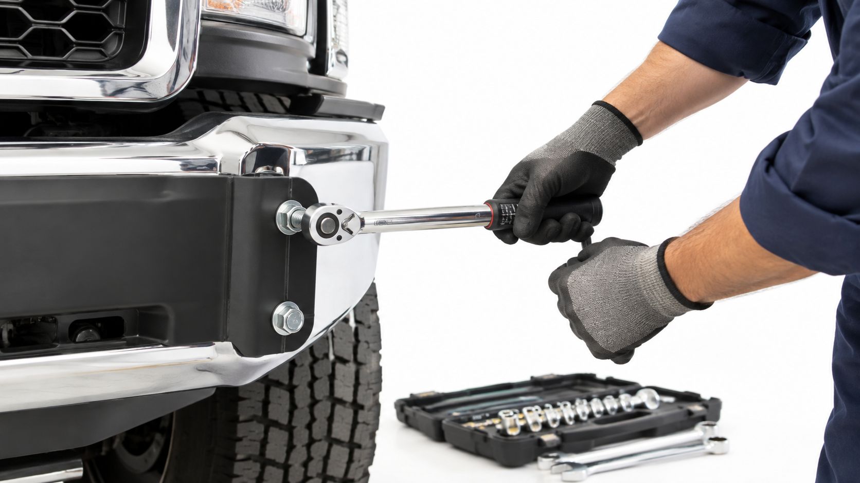 A mechanic wearing work gloves uses a torque wrench to tighten a bolt on a vehicle bumper.