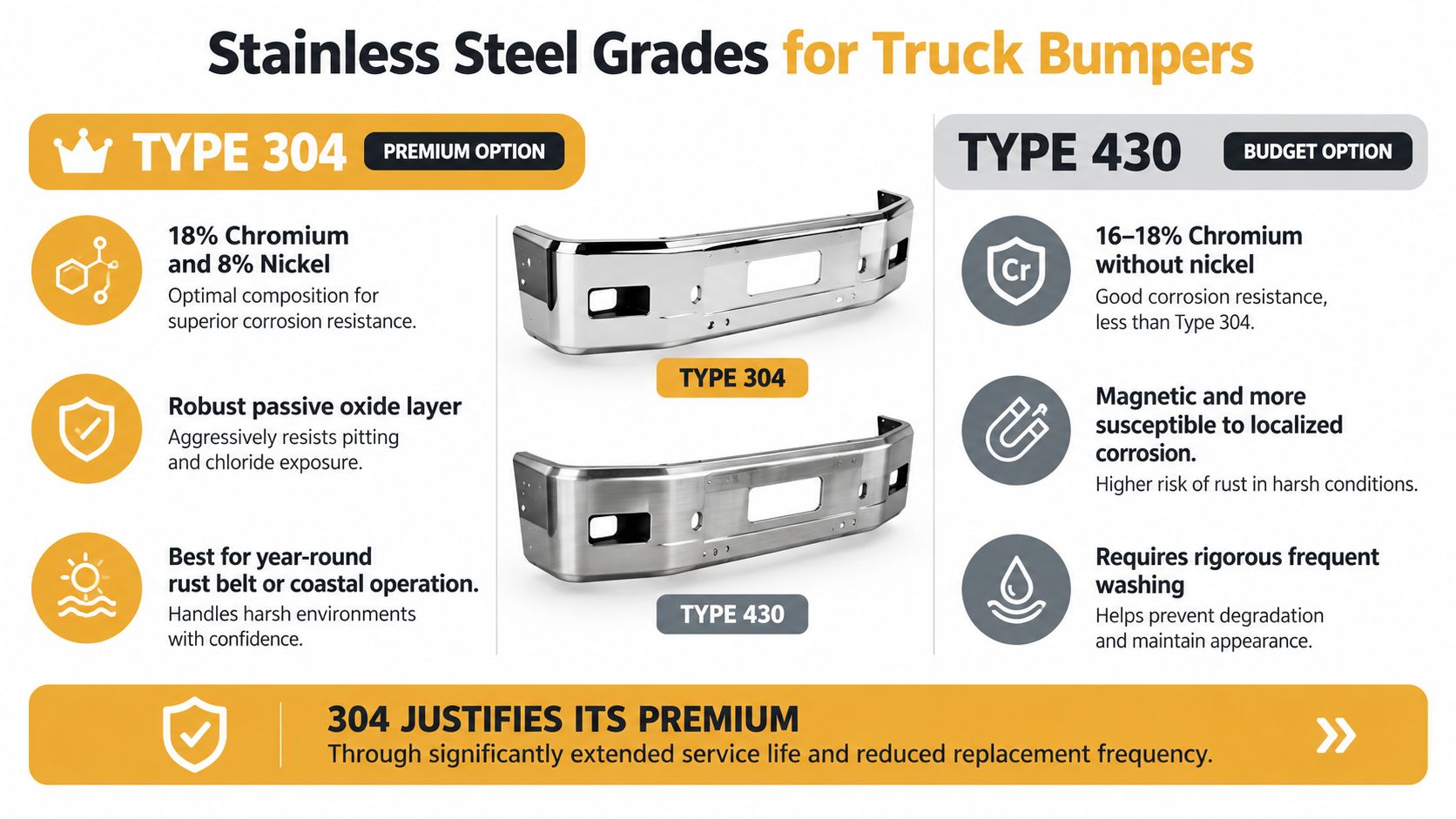 A comparison infographic showing the differences between Type 304 and Type 430 stainless steel truck bumpers.