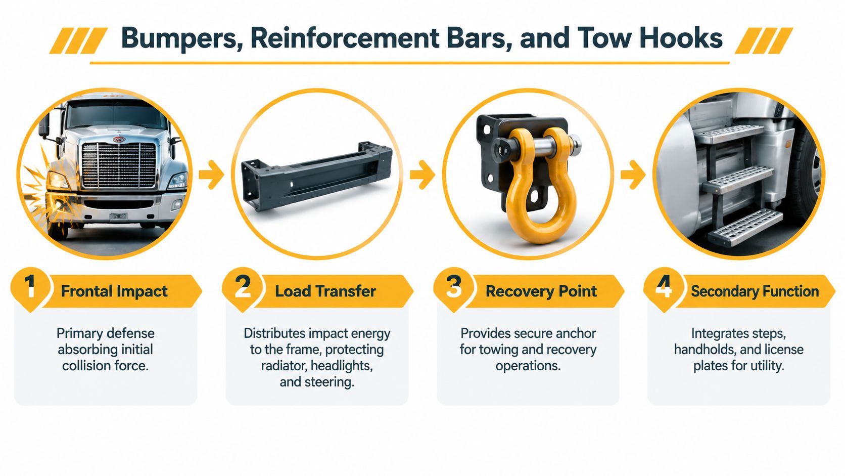 A diagram illustrating the functional components of semi truck bumpers, reinforcement bars, and recovery tow hooks.