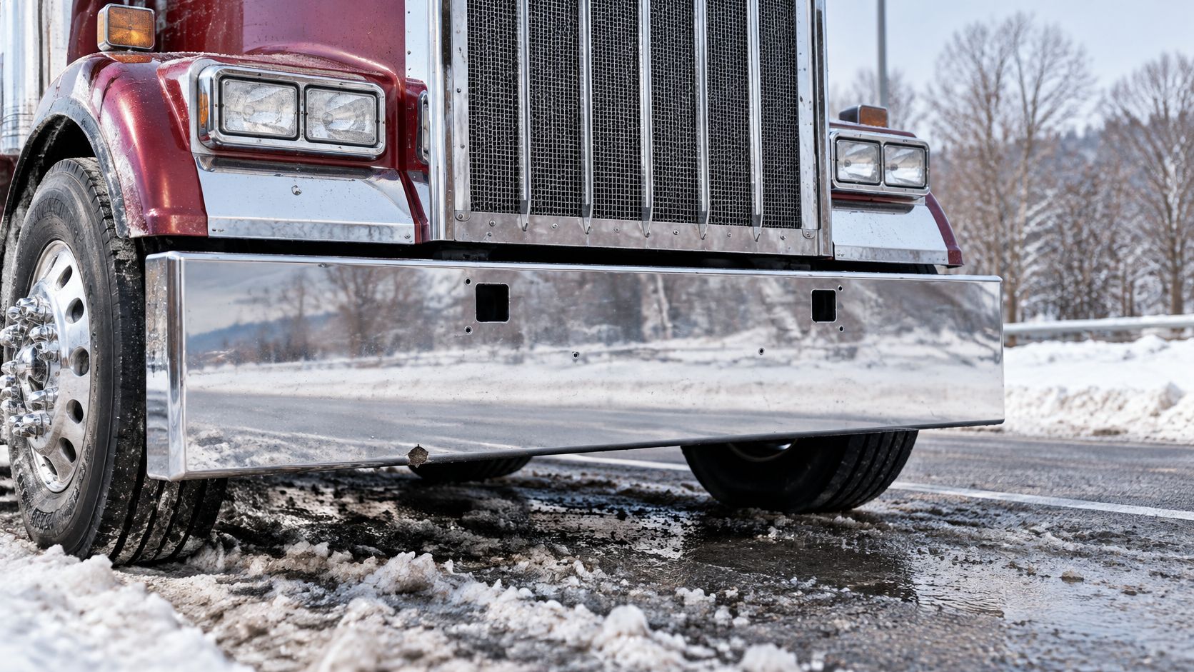 A close-up view of a semi-truck bumper showing signs of chrome plating wear on a snowy road.