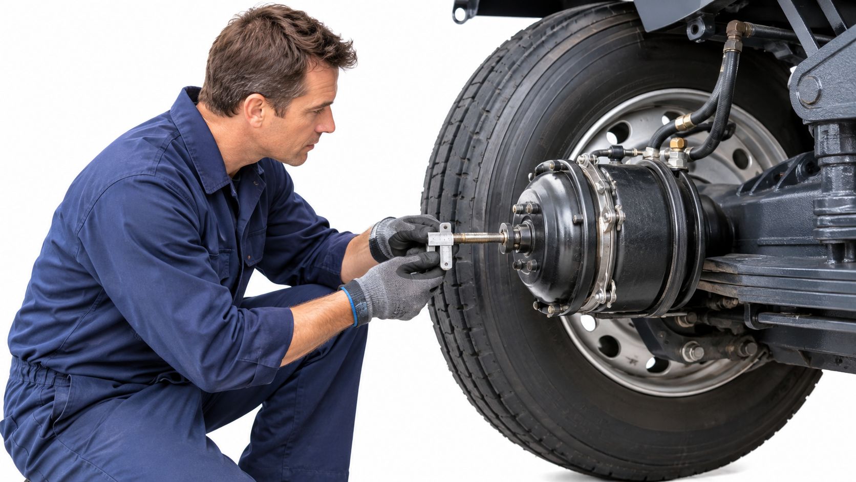 A mechanic in blue overalls measuring a heavy-duty truck brake chamber.