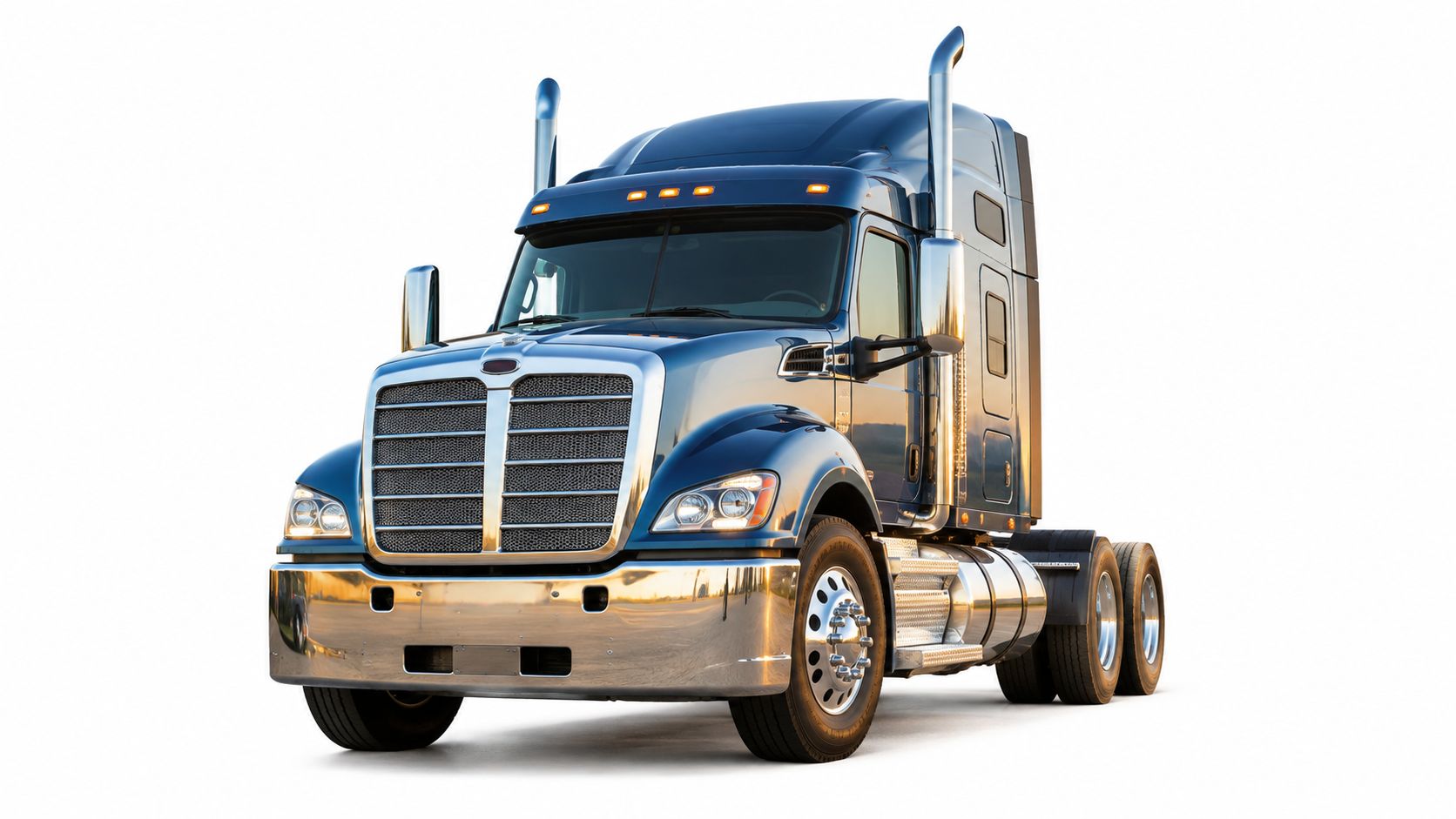 A sleek, dark blue semi-truck featuring a polished chrome front bumper, parked against a white background.