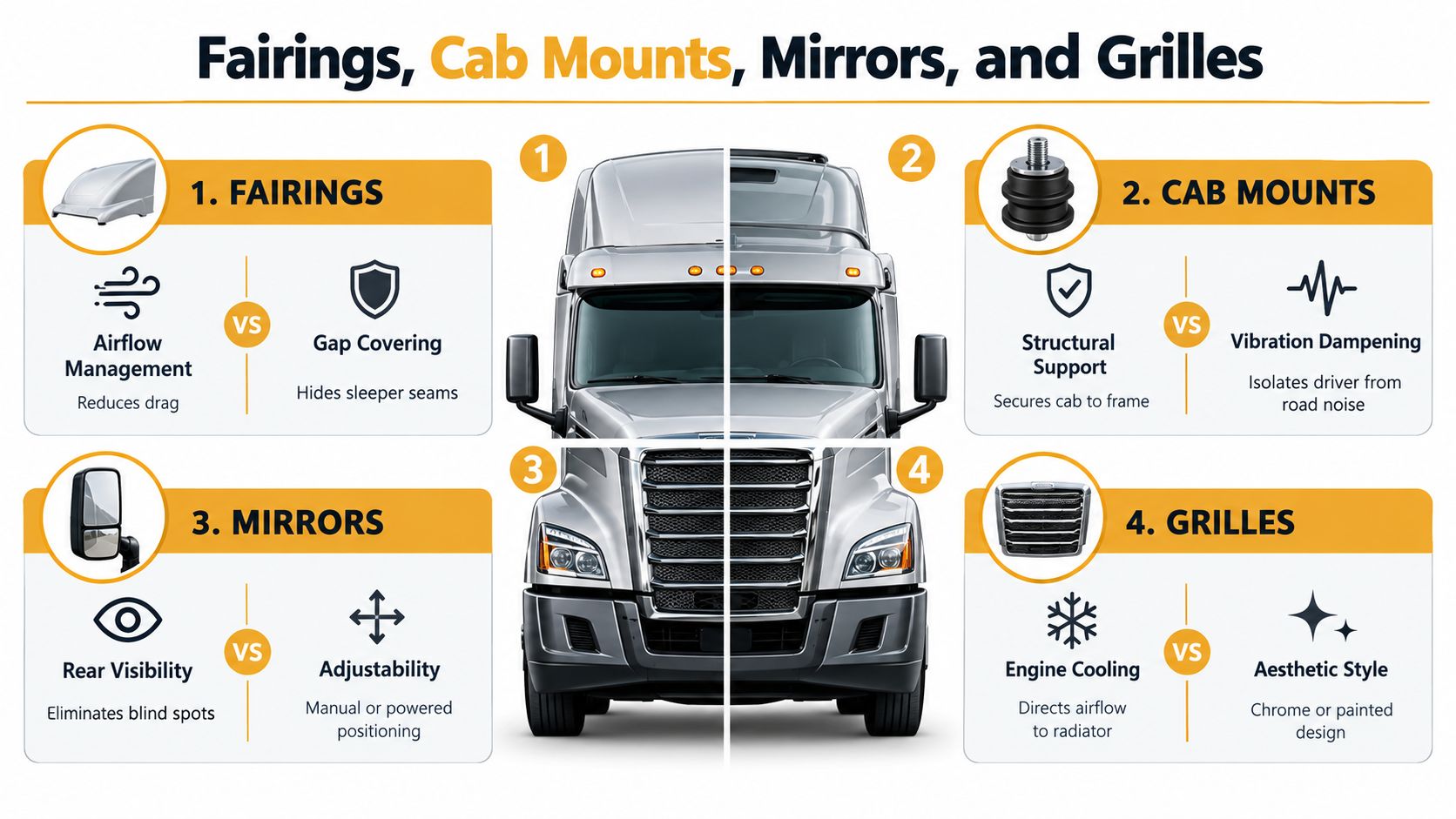 A diagram illustrating essential semi truck body parts including fairings, cab mounts, mirrors, and truck grilles.