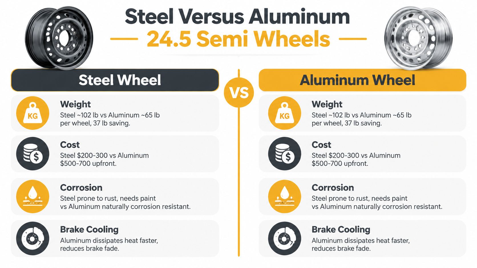 A comparison chart showing the differences between steel and aluminum 24.5 semi wheels regarding weight, cost, and cooling.