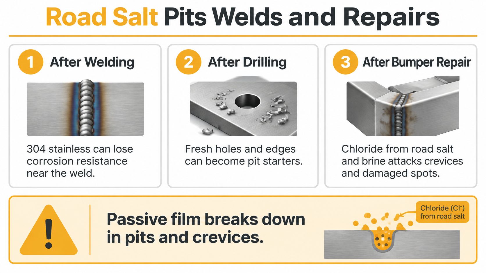 A diagram illustrating how road salt causes pitting corrosion on 304 stainless steel welds and repairs.