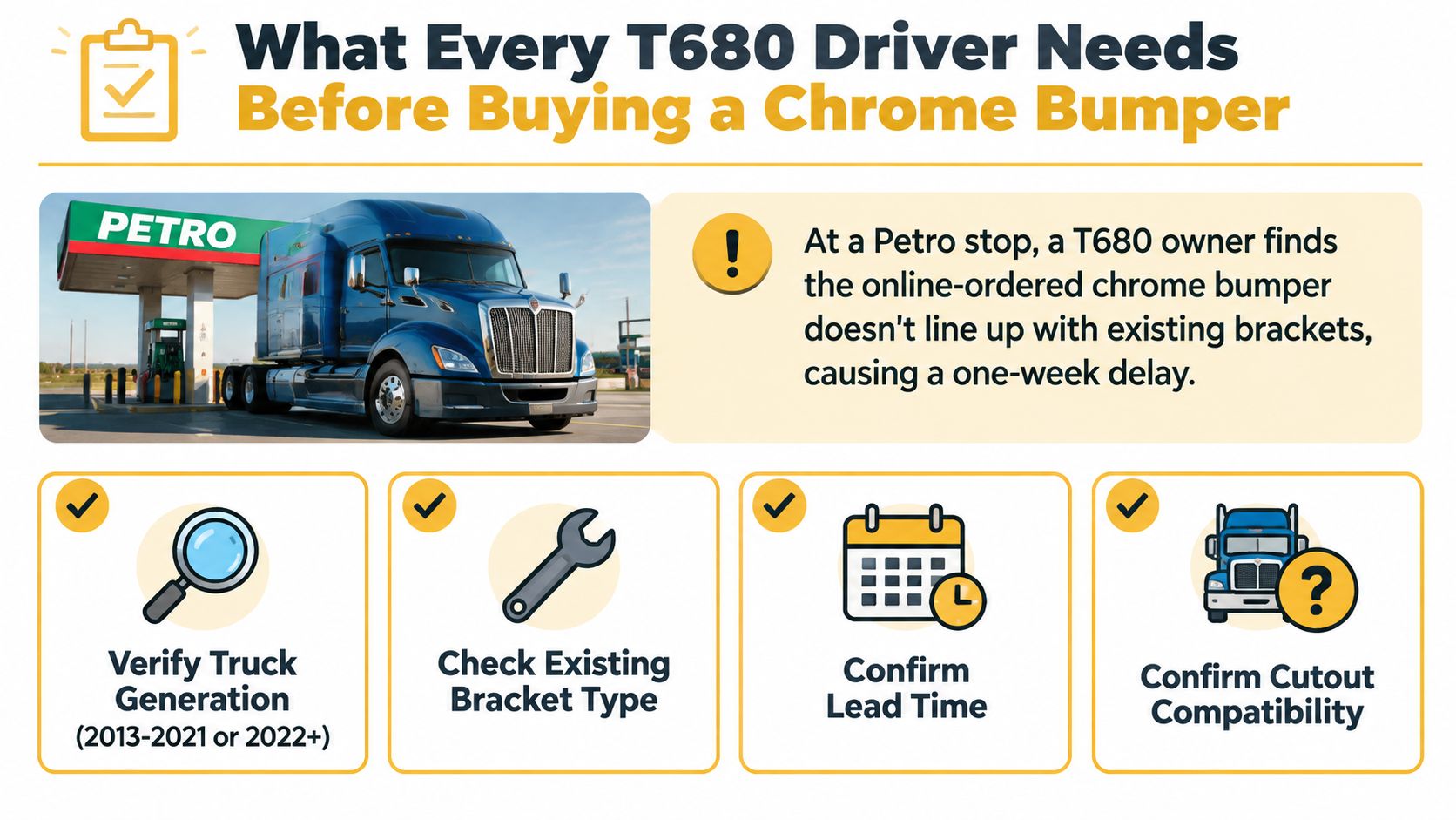 A guide for Kenworth T680 drivers detailing essential considerations before purchasing an aftermarket chrome bumper.