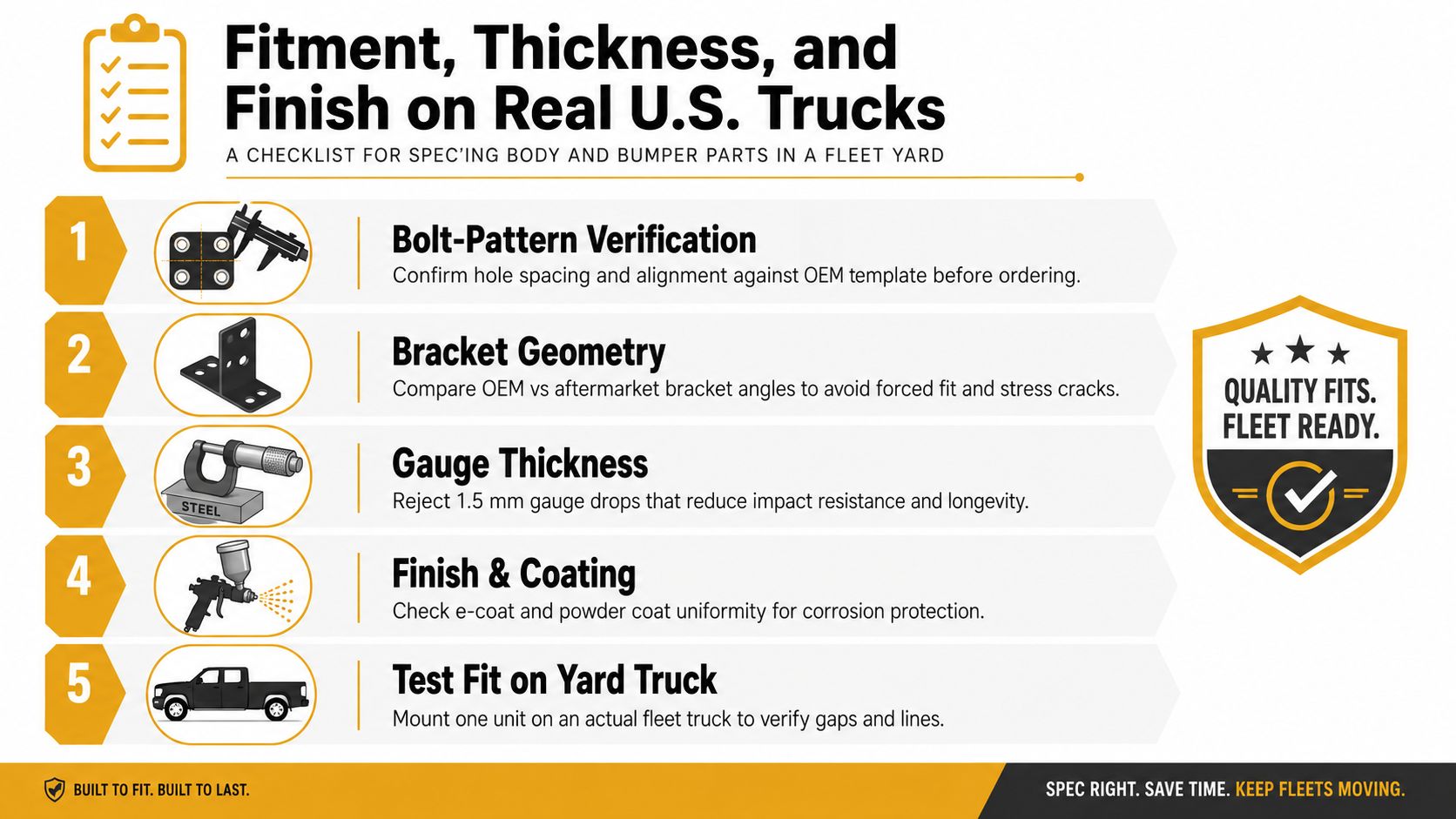 A five-step infographic checklist for ensuring the fit, thickness, and finish quality of U.S. truck body parts.