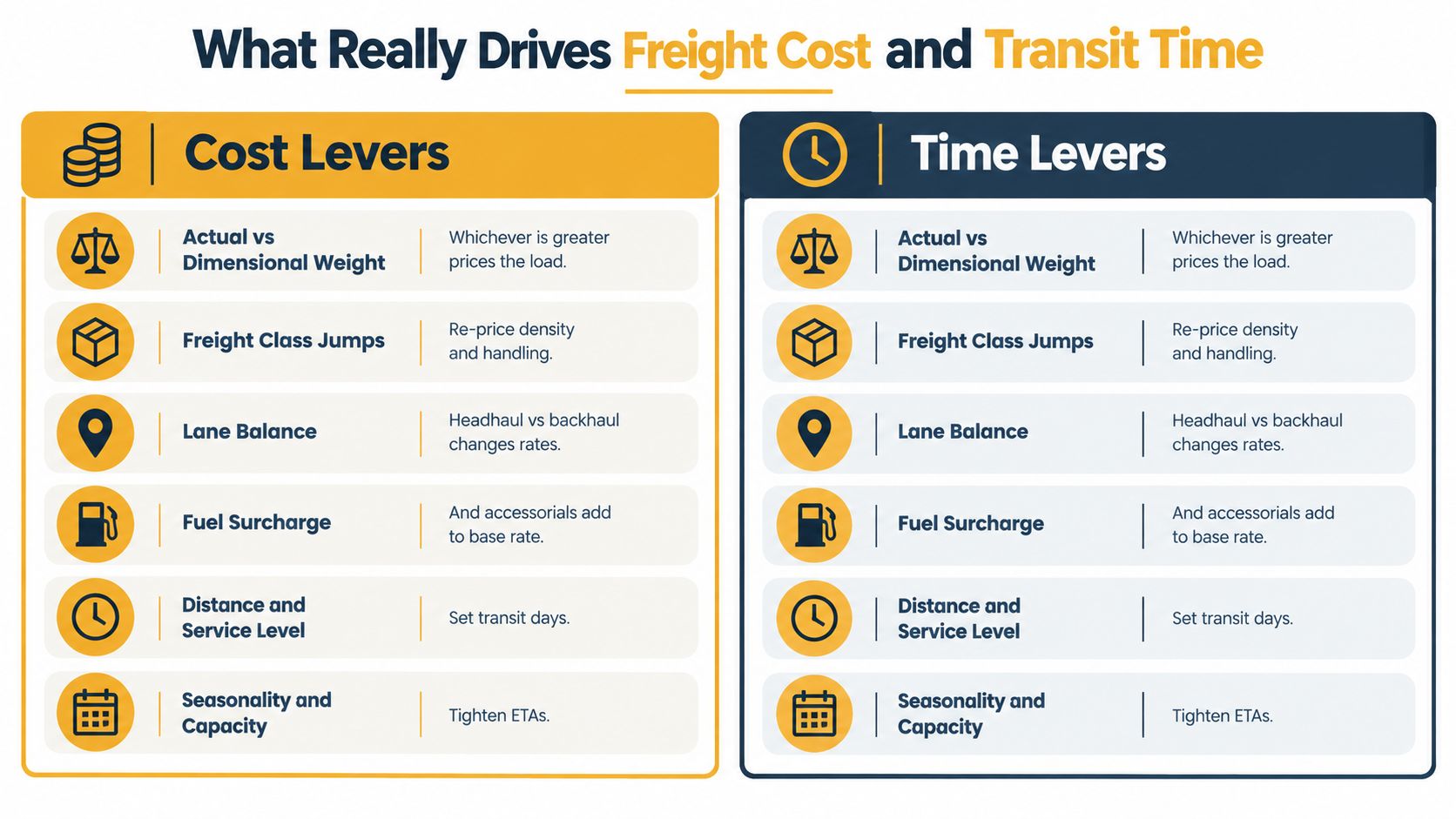 An infographic titled What Really Drives Freight Cost and Transit Time, listing six primary logistical factors.