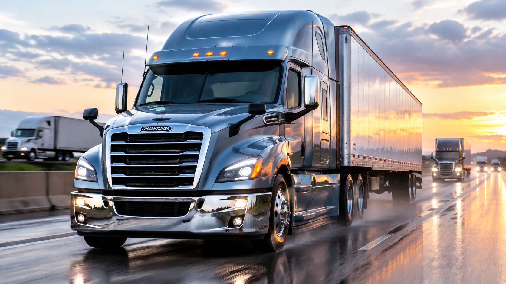 A modern blue Freightliner Cascadia semi-truck driving on a wet highway during a beautiful sunset.