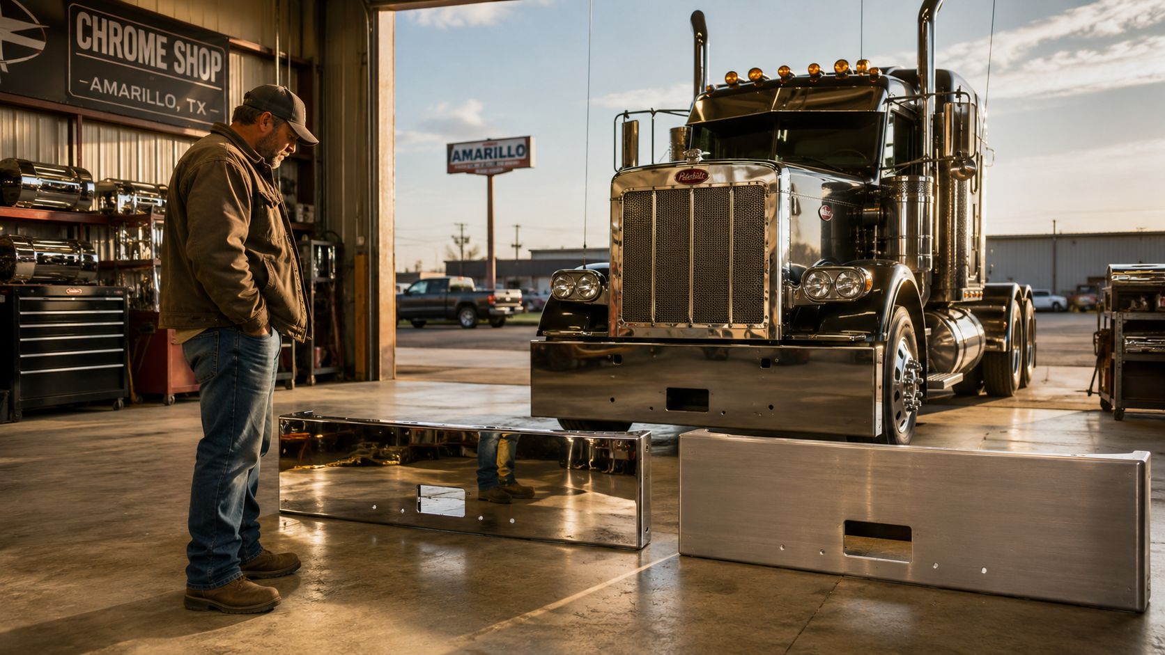 A man stands in a shop inspecting chrome bumpers for a parked Peterbilt semi truck.