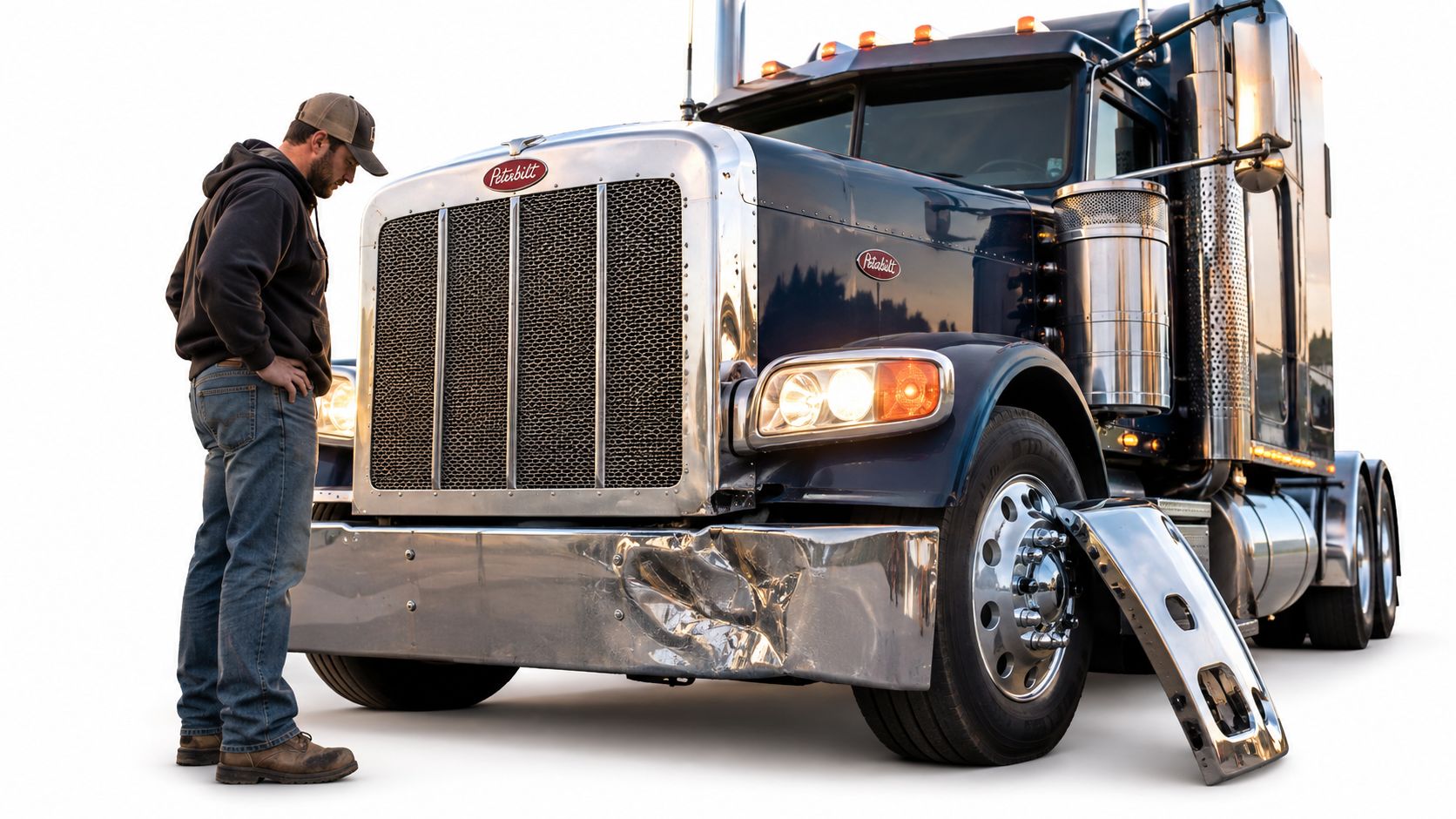 A concerned driver inspecting the damaged chrome bumper of his dark blue Peterbilt semi-truck after a collision.