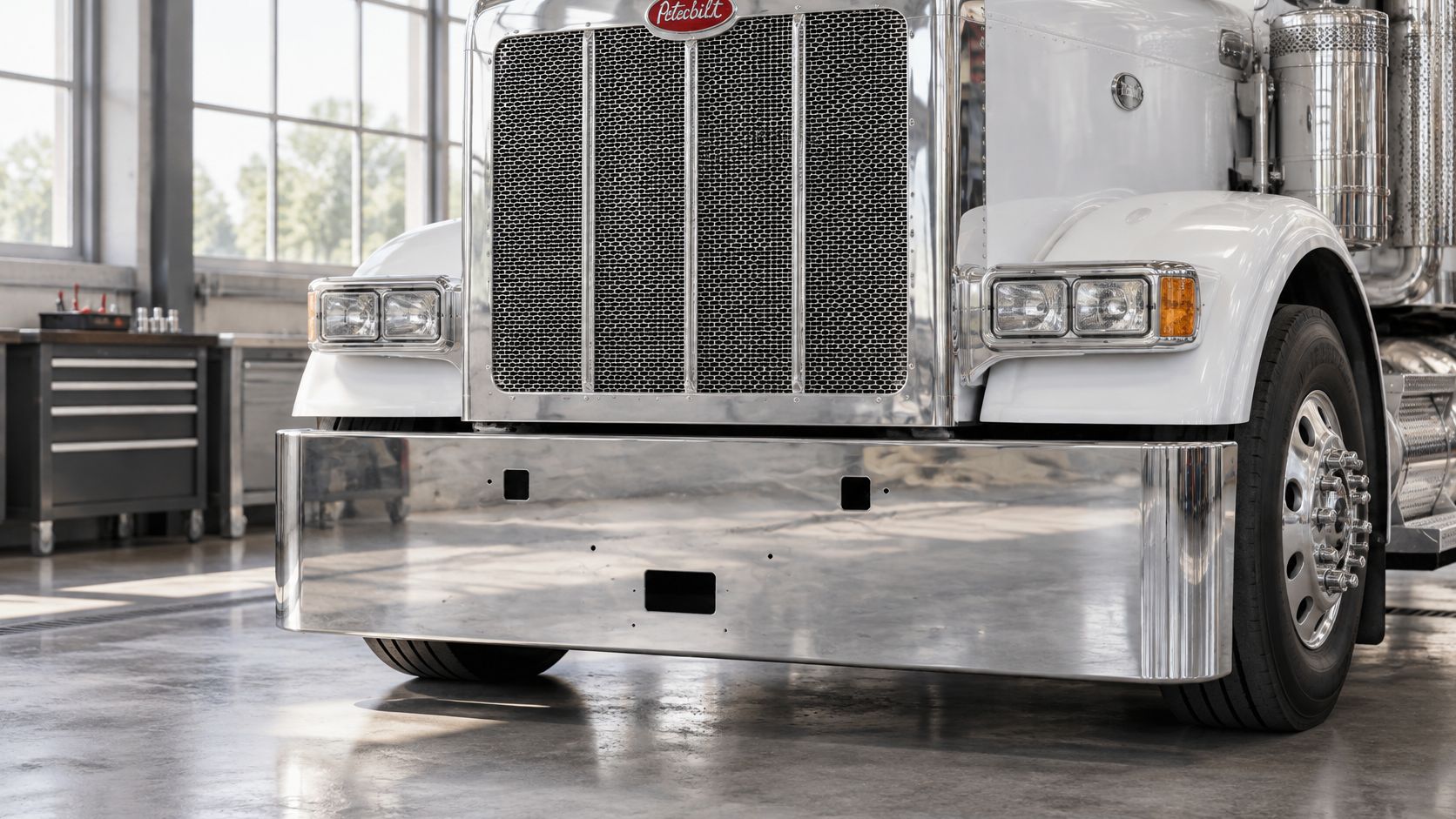 A close-up view of a shiny chrome front bumper on a white Peterbilt 389 semi truck.