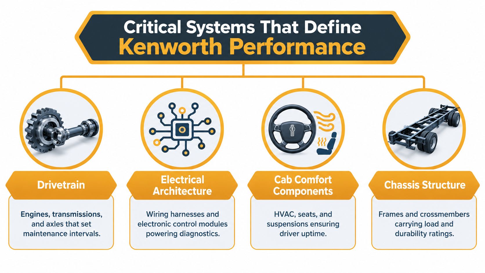 An infographic detailing the four critical performance systems for Kenworth trucks: Drivetrain, Electrical Architecture, Cab Comfort, and Chassis.