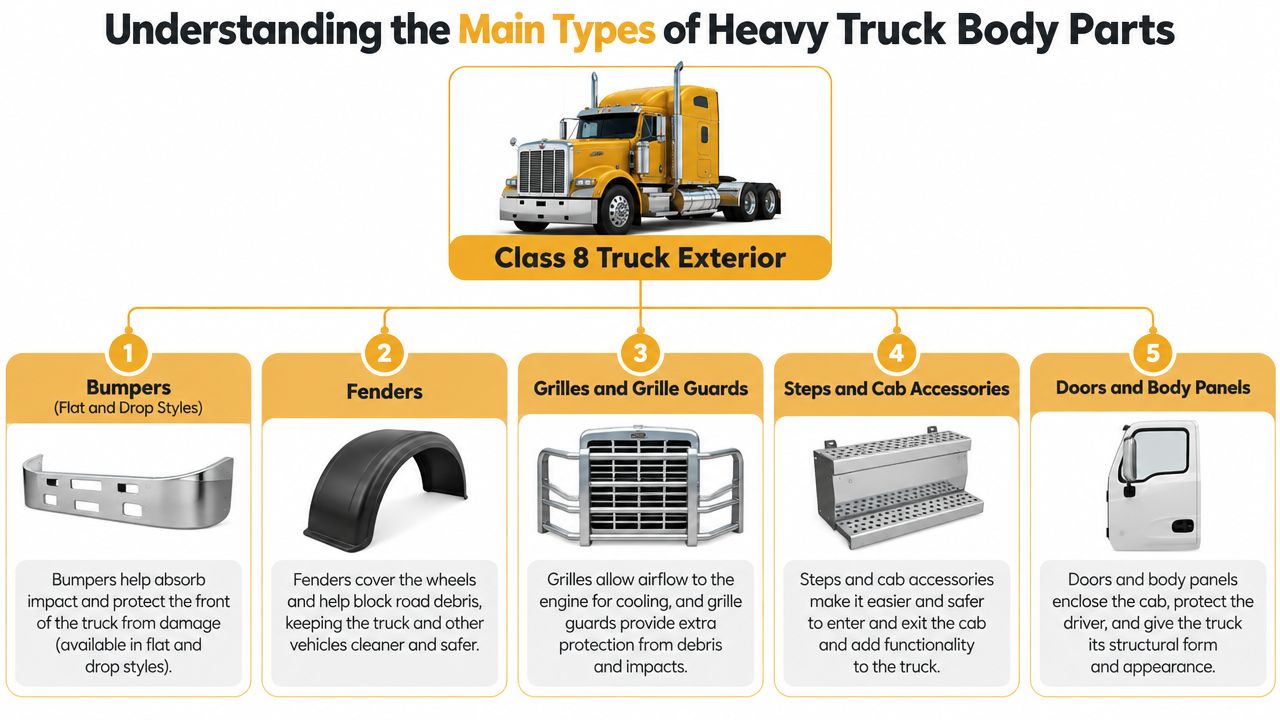 An infographic illustrating five main types of heavy truck body parts including bumpers, fenders, grilles, steps, and panels.