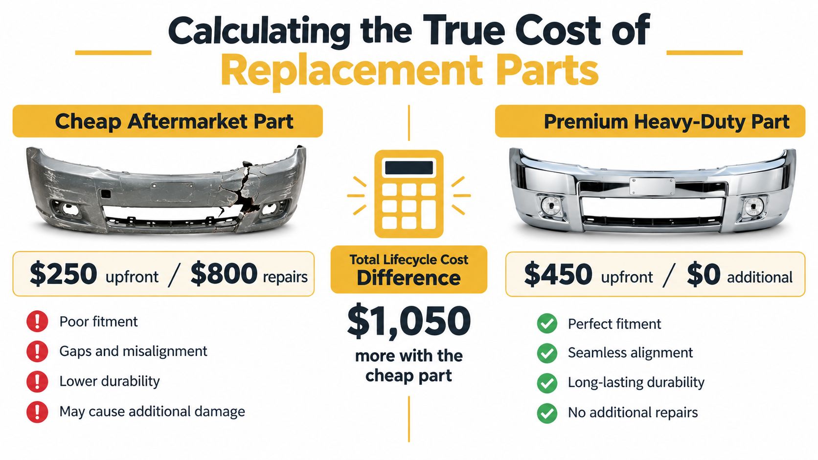 A comparison infographic showing that premium heavy-duty vehicle parts are more cost-effective than cheap aftermarket alternatives.