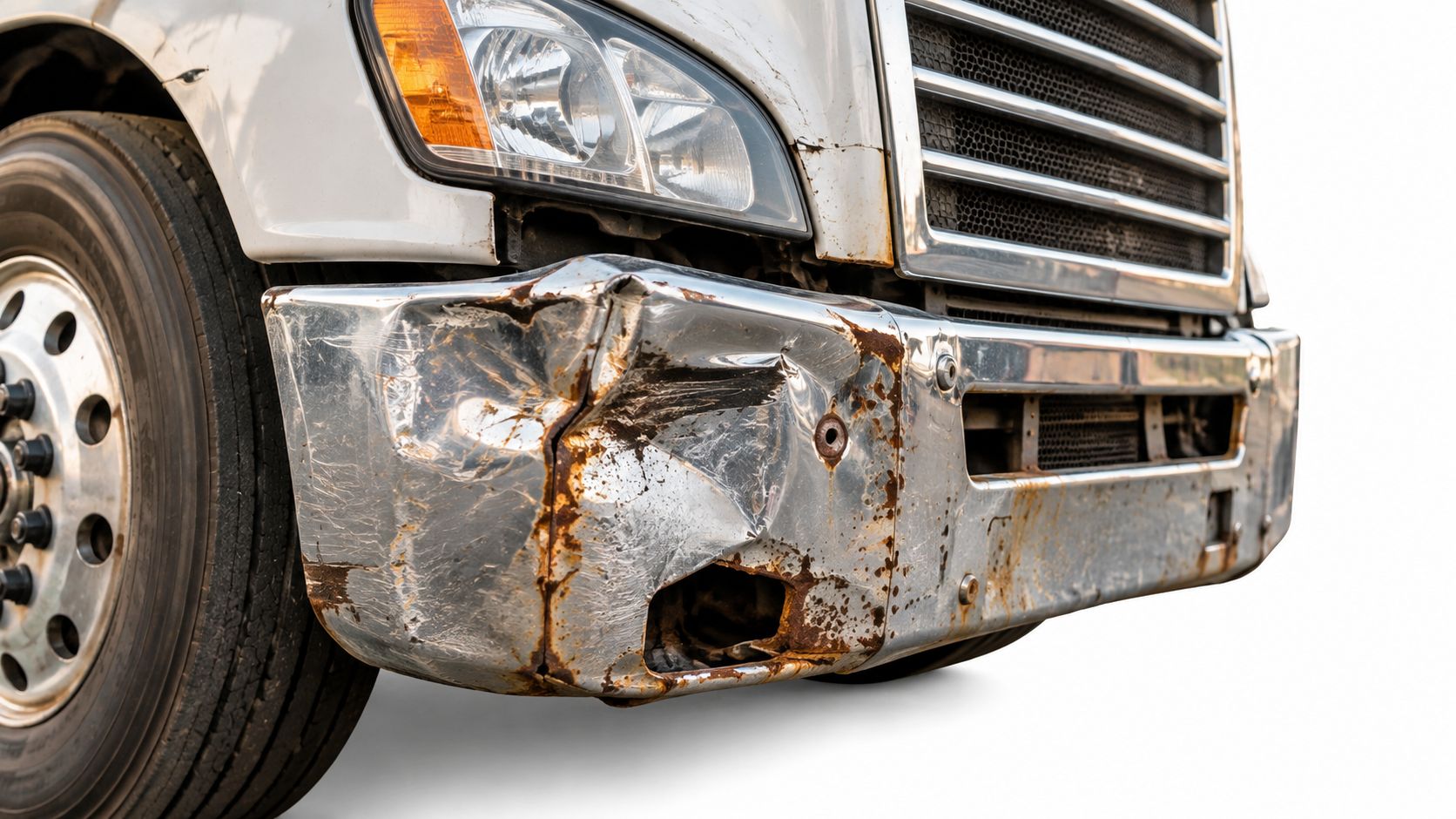 A close-up view showing a heavily damaged, rusted chrome bumper on the front of a white truck.