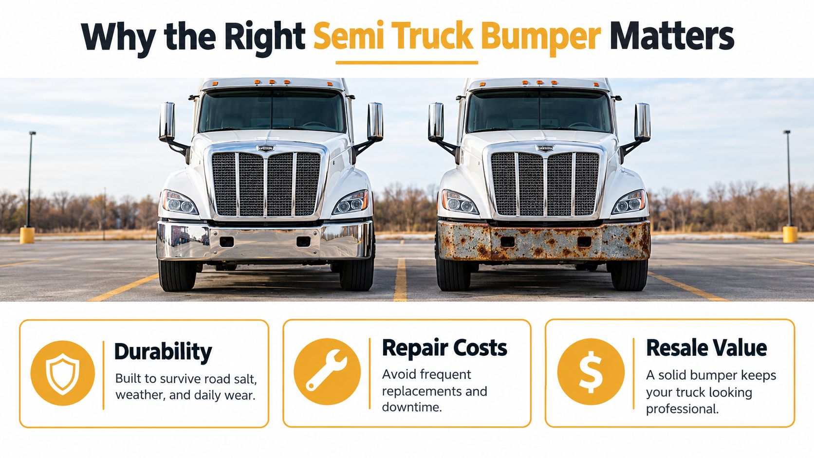 A comparison of a clean, shiny semi truck bumper versus a rusted, damaged truck bumper in a parking lot.