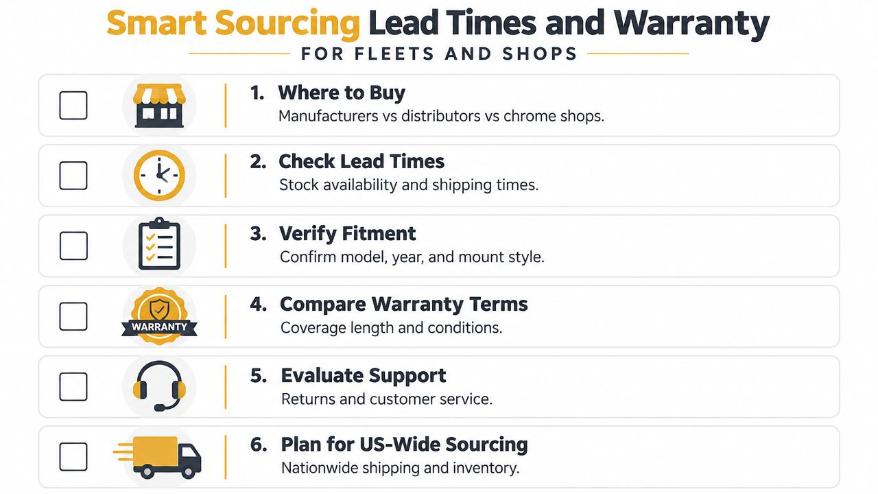 A checklist of six essential tips for sourcing heavy truck body parts, including lead times and warranty information.