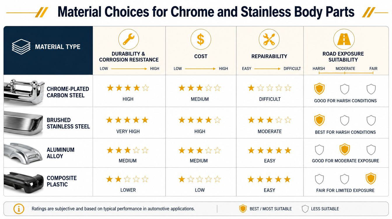 A comparison chart outlining material choices for chrome and stainless steel automotive body parts and their ratings.