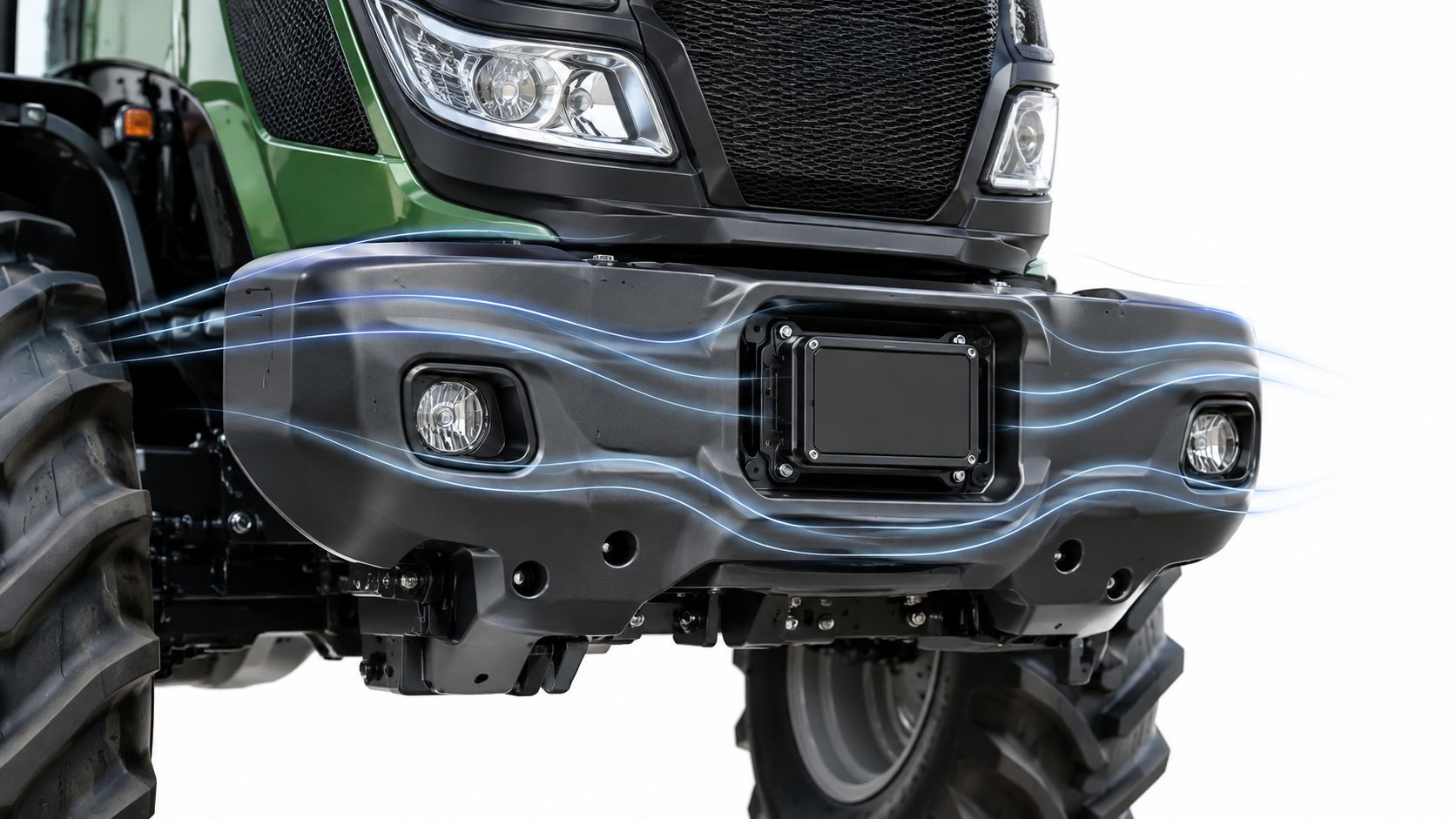 Front bumper and headlight assembly of a heavy agricultural tractor with blue motion aerodynamic lines
