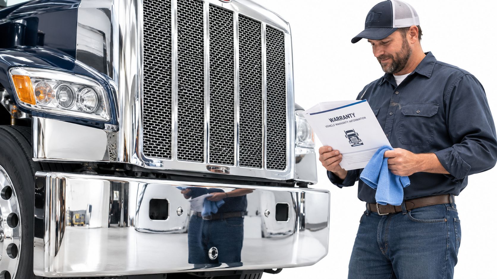 A truck mechanic in a work uniform holding a warranty document in front of a big rig.