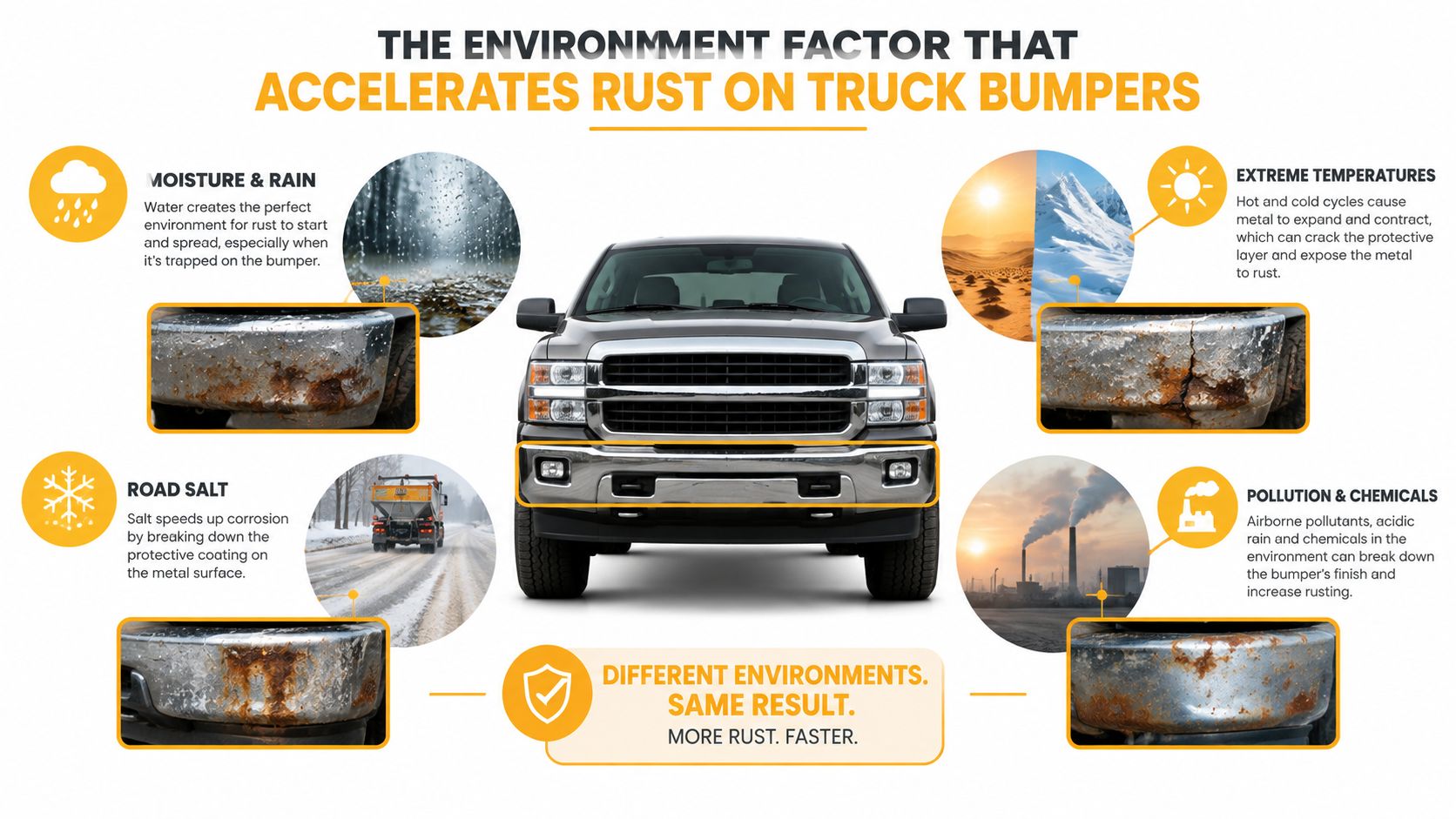 An infographic detailing environmental factors like rain, salt, temperatures, and pollution that cause truck bumper rust.