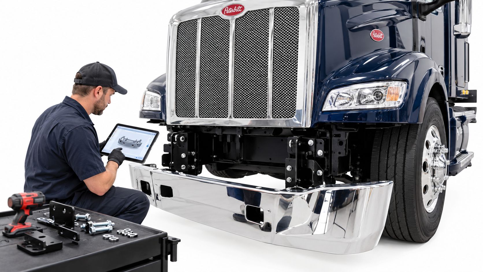 A mechanic uses a tablet to install custom aftermarket parts on a blue Peterbilt truck front end.