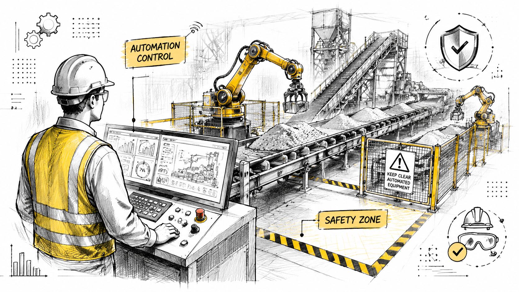 An industrial worker monitors an automated bulk material handling system with robotic arms in a factory setting.