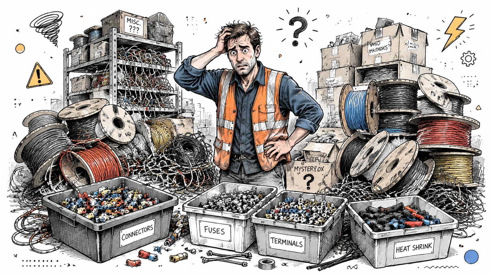 A confused worker in a high-visibility vest stands amidst a disorganized workshop filled with wire reelsand hardware bins.