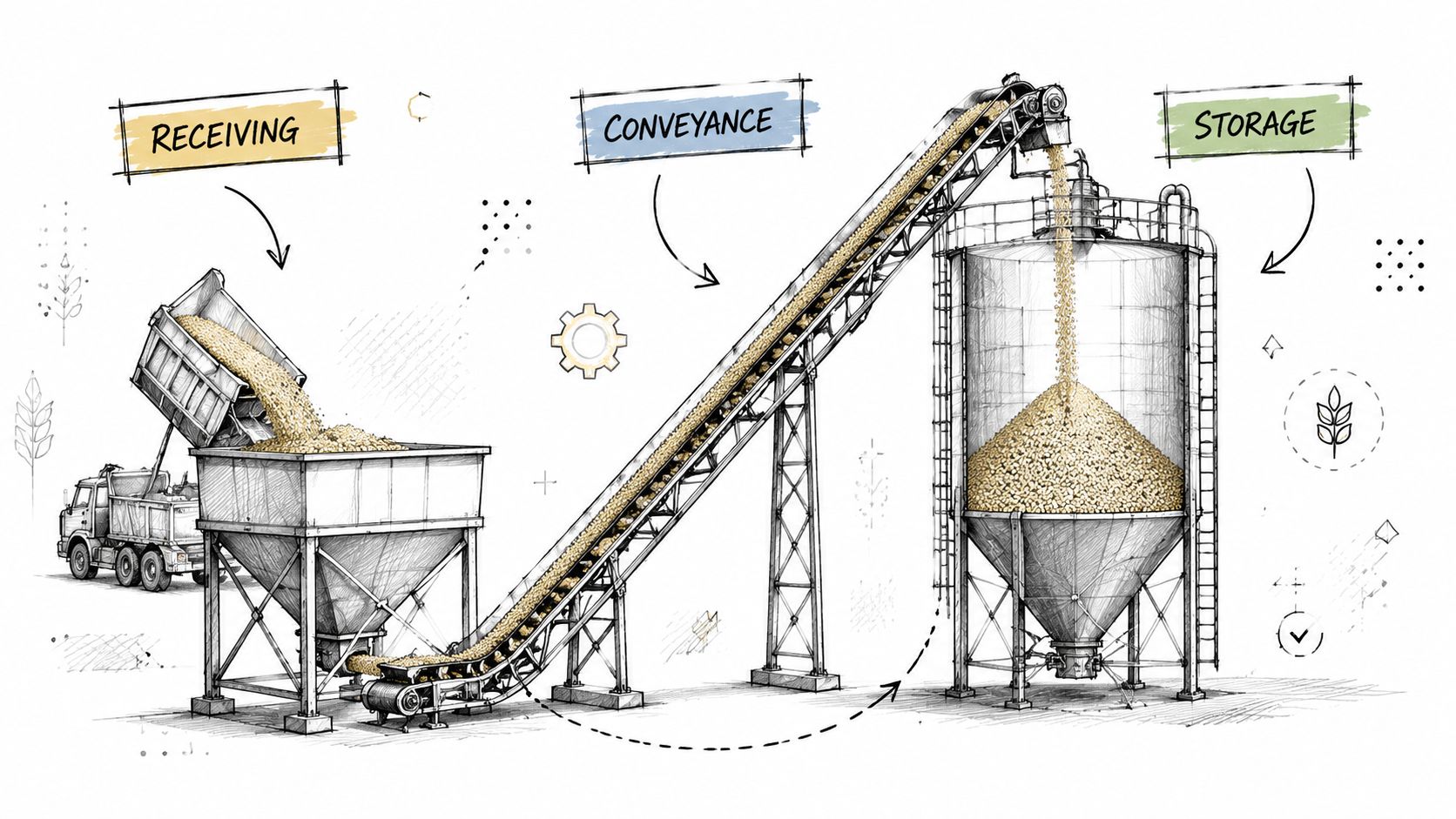 A diagram illustrating the industrial process of receiving bulk material, its conveyance via conveyor belt, and final storage.