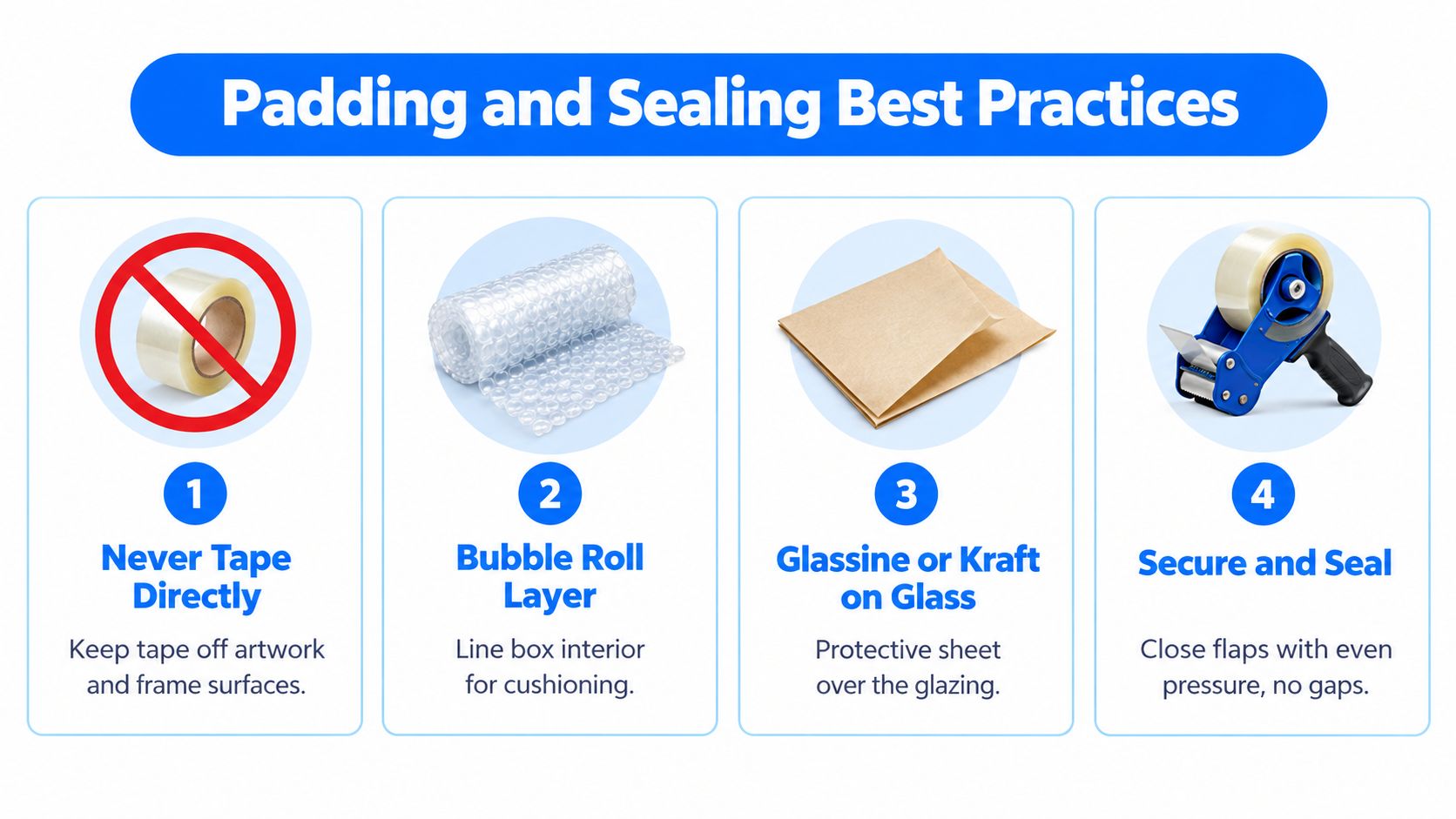 An infographic showing four best practices for padding and sealing framed art before shipping or storage.