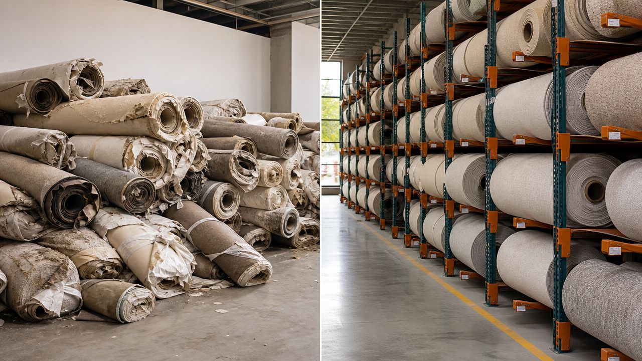 A side-by-side comparison of disorganized used carpet rolls on a floor and neatly stacked new carpet rolls on warehouse shelving.