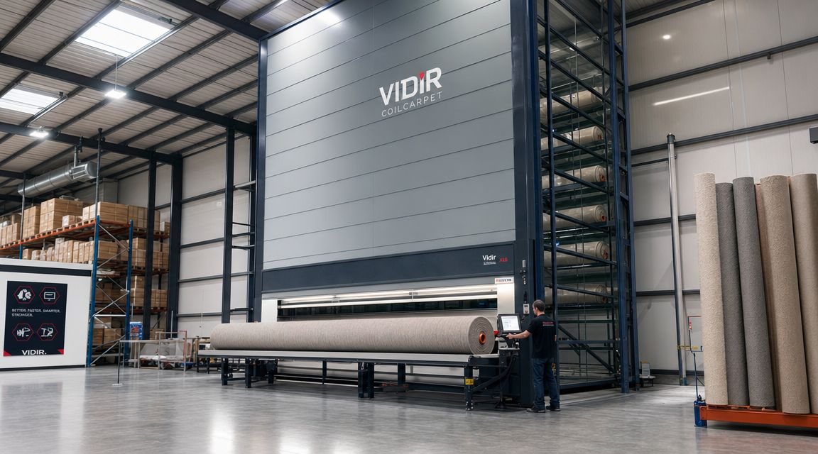 An employee operating a large automated Vidir vertical carousel system used for efficient carpet roll storage in warehouse.
