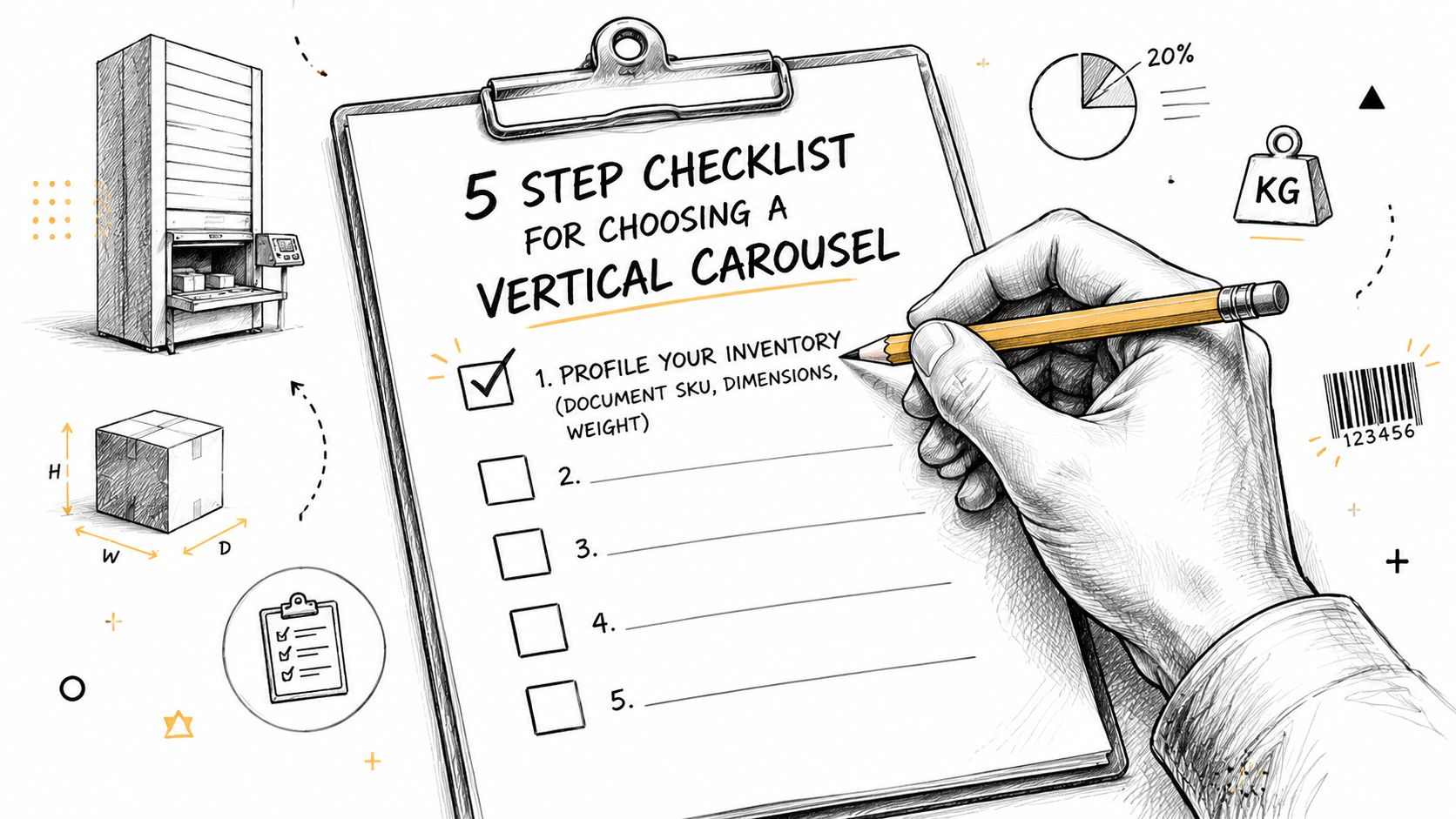 A hand filling out a 5-step checklist for choosing a vertical carousel storage system.