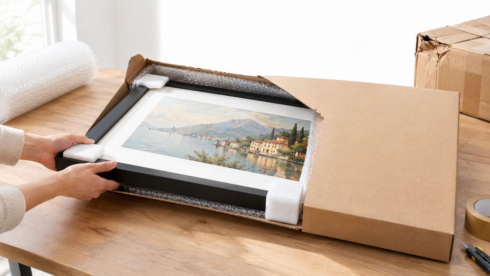 A person carefully placing a framed landscape painting into a sturdy cardboard side-loading box for shipping.