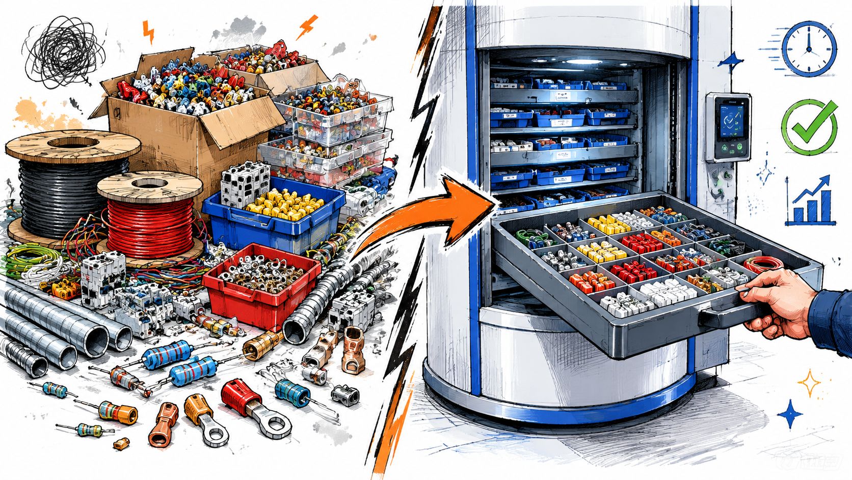 A transition from a messy workspace with loose electrical components to a clean, organized vertical storage carousel system.