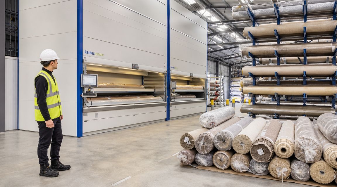 A warehouse worker wearing a high-visibility vest stands in front of automated carpet roll storage units.
