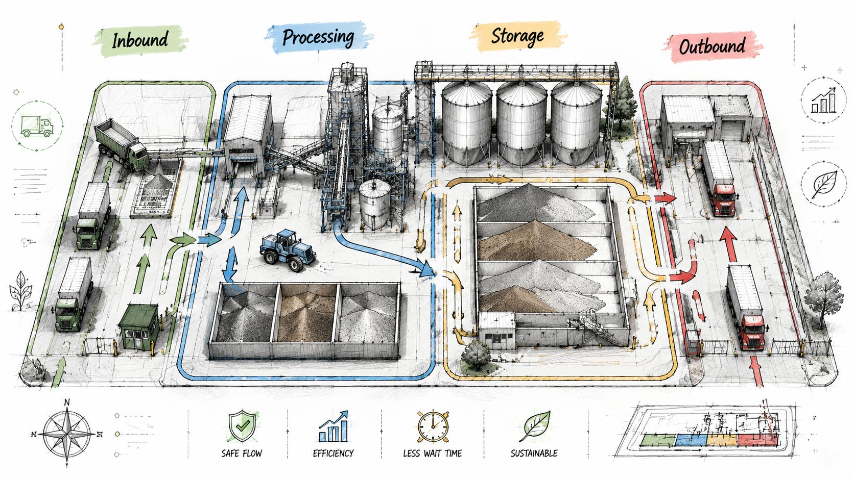 A detailed technical illustration of a bulk material handling facility showing inbound processing, storage, and outbound logistics flows.