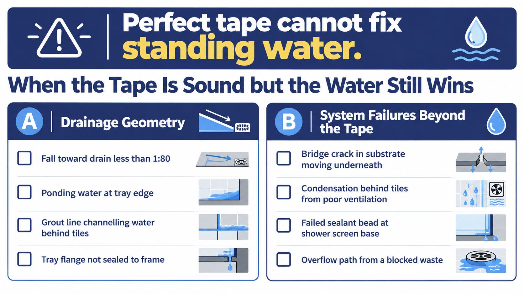An infographic showing common causes of bathroom water damage, emphasizing that waterproof tape cannot fix improper drainage or structural failures.