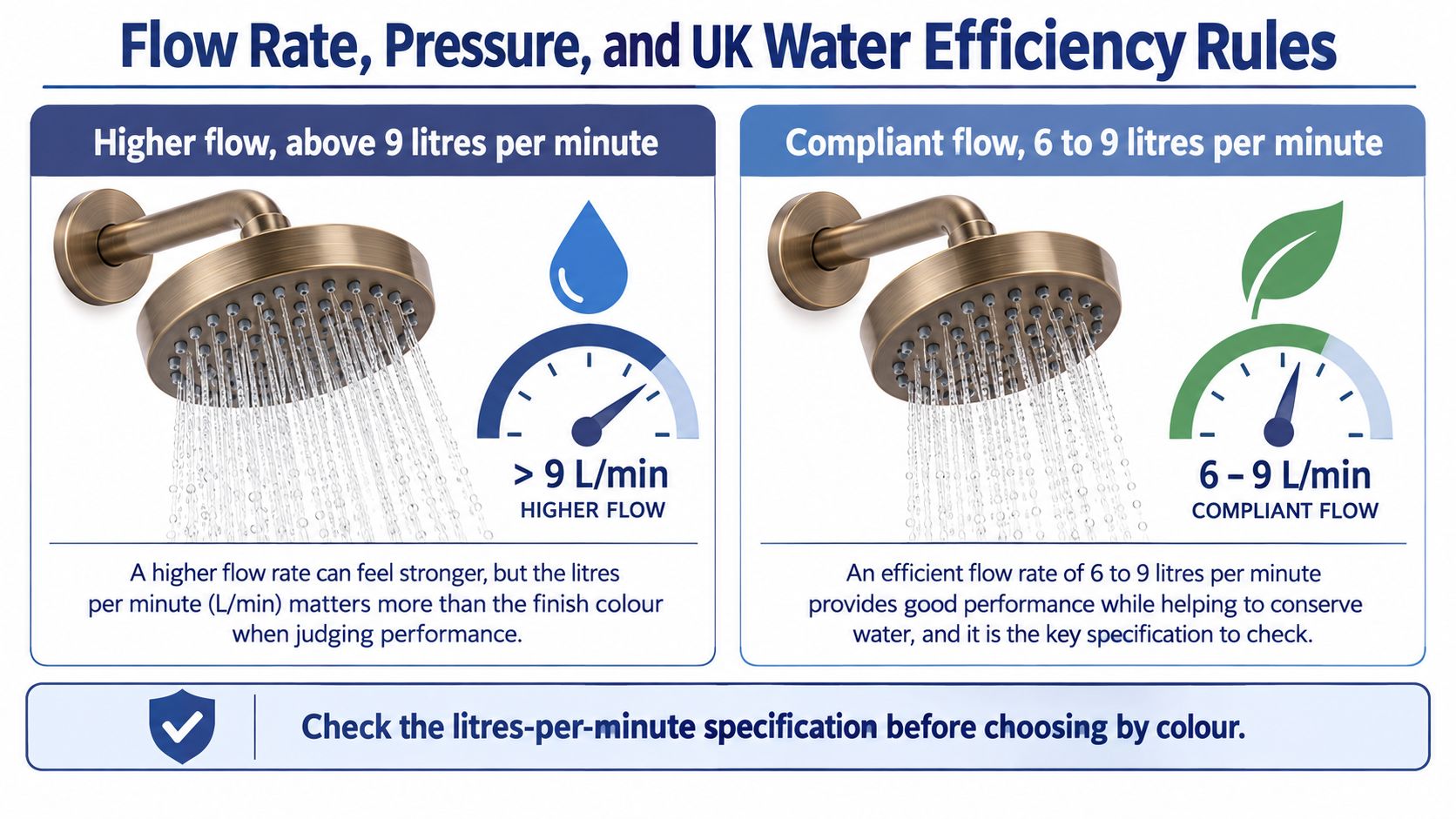An infographic showing the difference between higher flow and water-efficient shower head flow rates for bathrooms.
